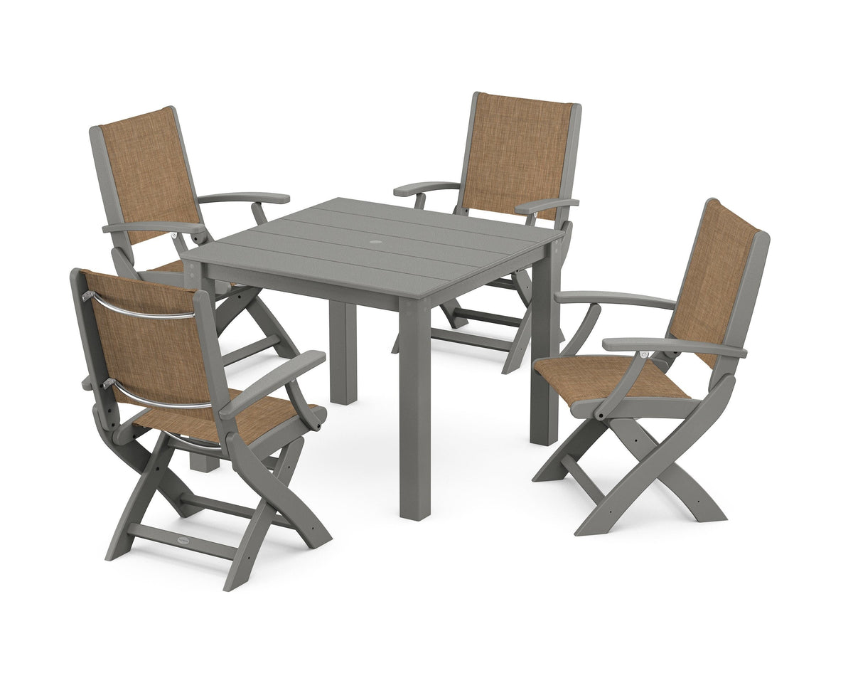 POLYWOOD Coastal Folding Chair 5-Piece Parsons Dining Set in Slate Grey / Burlap