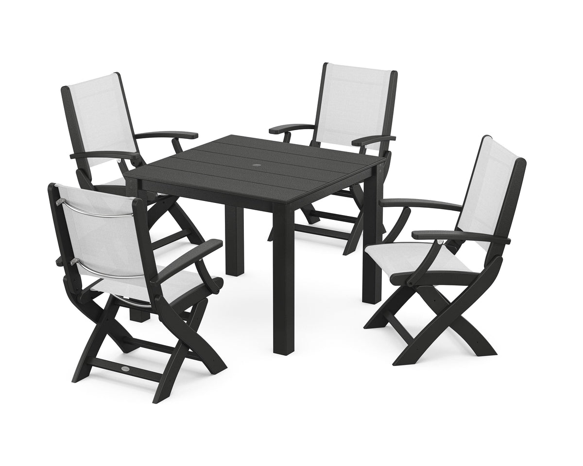 POLYWOOD Coastal Folding Chair 5-Piece Parsons Dining Set in Black / White