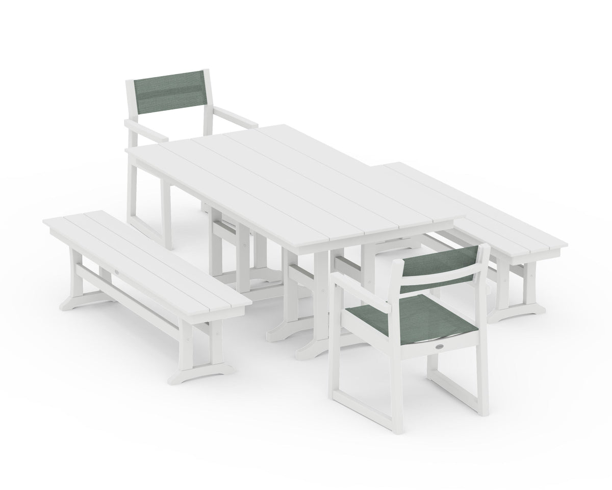 POLYWOOD EDGE Sling Arm Chair 5-Piece Farmhouse Dining Set with Benches in White / Dupioni Sea Mist