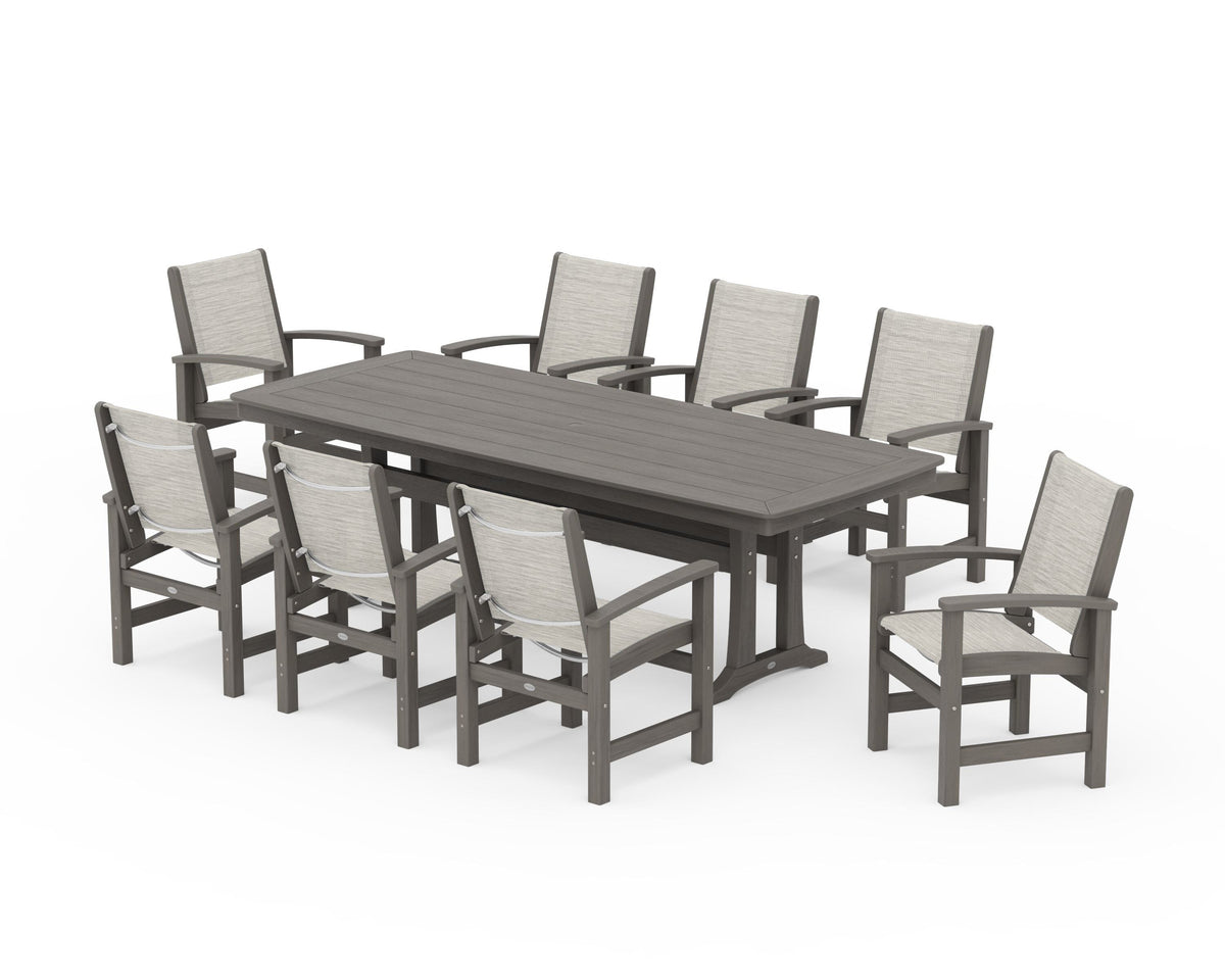 POLYWOOD Coastal 9-Piece Dining Set with Trestle Legs in Driftwood / Birch
