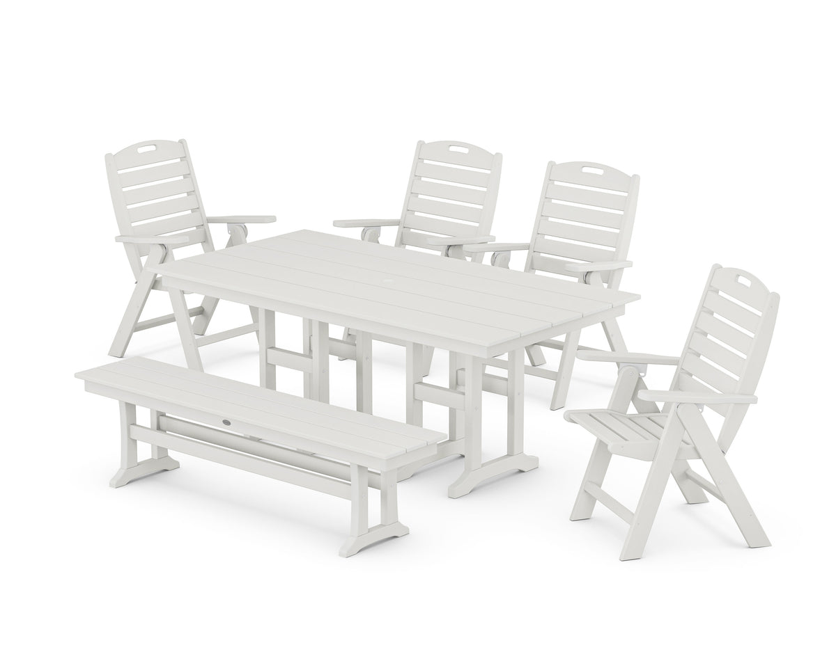 POLYWOOD Nautical Highback 6-Piece Farmhouse Dining Set with Bench in Vintage White