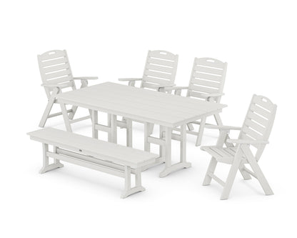 POLYWOOD Nautical Highback 6-Piece Farmhouse Dining Set with Bench in Vintage White