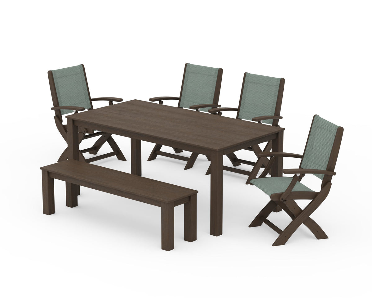 POLYWOOD Coastal Folding Chair 6-Piece Parsons Dining Set with Bench in Kona / Dupioni Sea Mist