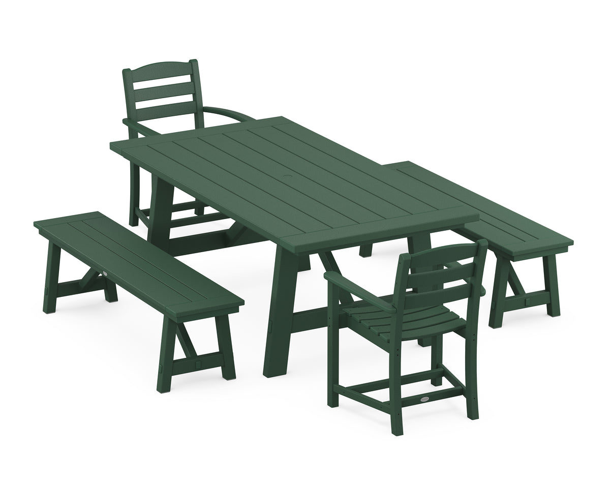 POLYWOOD La Casa Café 5-Piece Rustic Farmhouse Dining Set with Benches in Green