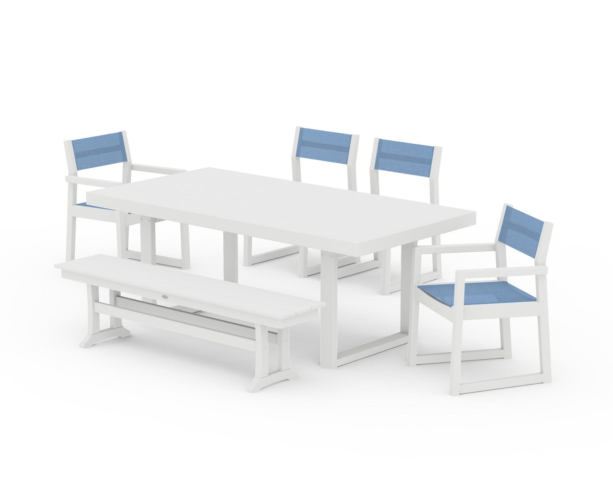 POLYWOOD EDGE Sling 6-Piece Dining Set with Bench in White / Poolside