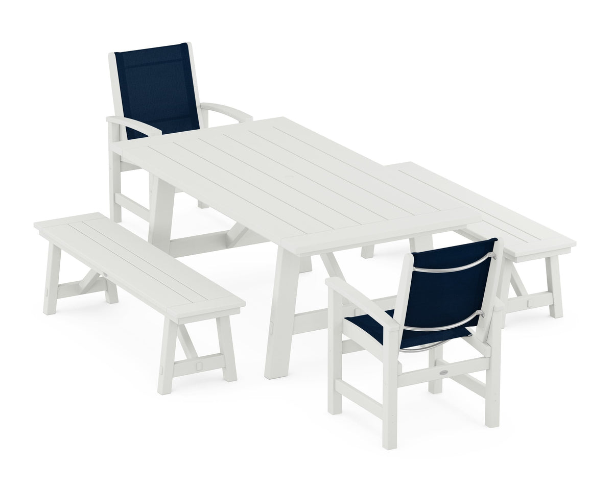 POLYWOOD Coastal 5-Piece Rustic Farmhouse Dining Set With Benches in Vintage White / Navy Blue