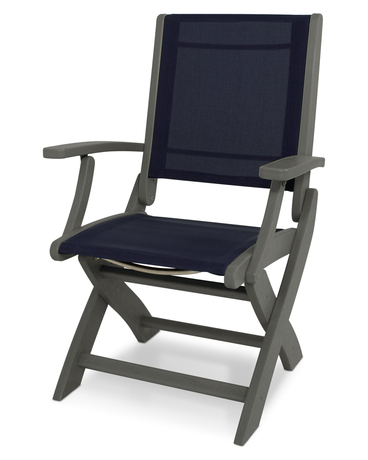 POLYWOOD Coastal Folding Chair in Slate Grey with Slate Grey arms and Navy Blue sling