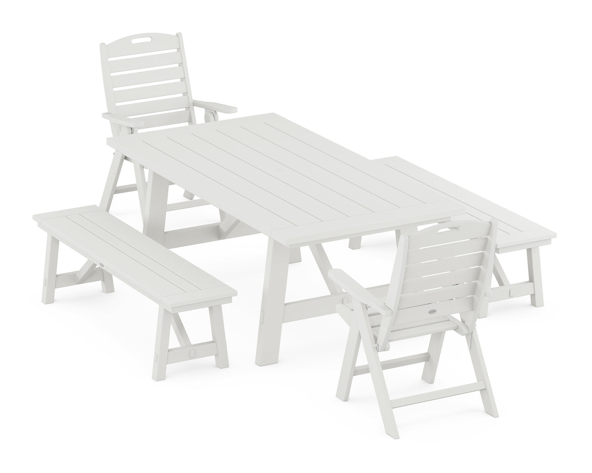 POLYWOOD Nautical Folding Highback Chair 5-Piece Rustic Farmhouse Dining Set with Benches in Vintage White