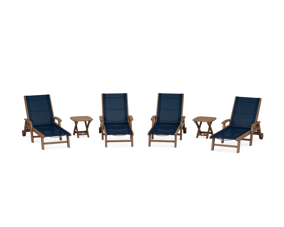 POLYWOOD Coastal Chaise 6-Piece Set with Wheels in Teak / Navy Blue