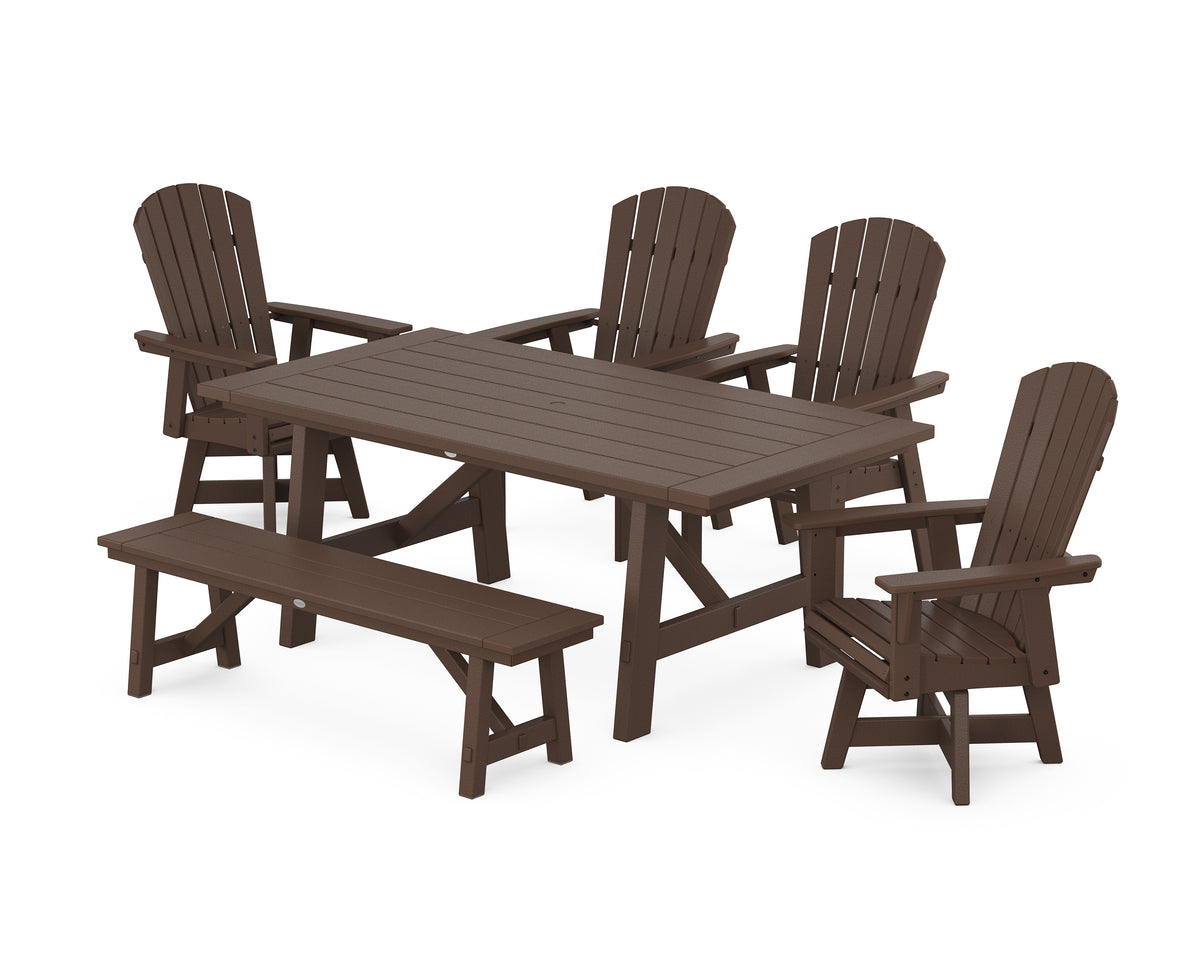 POLYWOOD Nautical Adirondack Swivel 6-Piece Rustic Farmhouse Dining Set with Trestle Legs in Mahogany