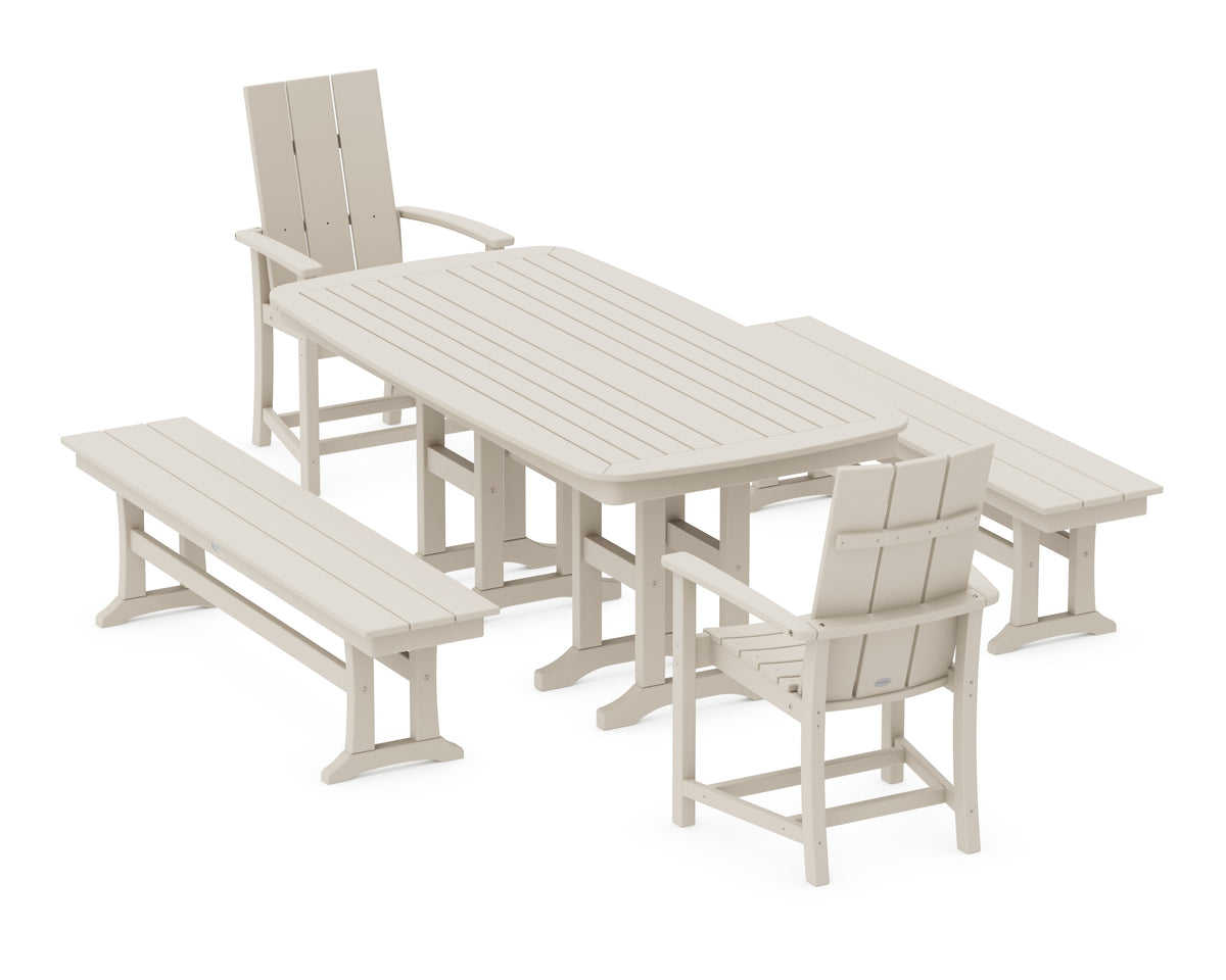 POLYWOOD Modern Adirondack 5-Piece Nautical Dining Set with Benches in Sand