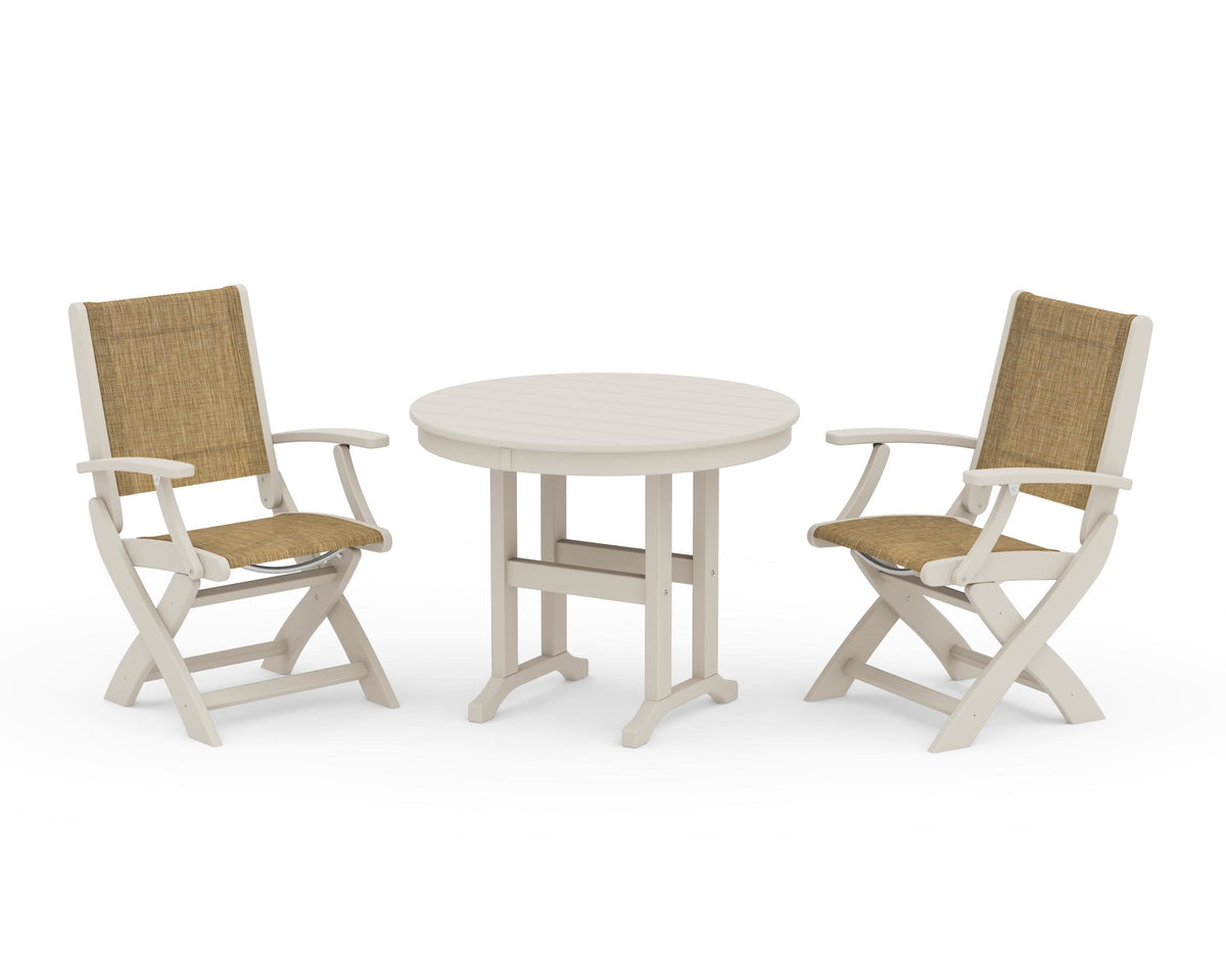 POLYWOOD Coastal Folding Chair 3-Piece Round Dining Set in Sand / Burlap