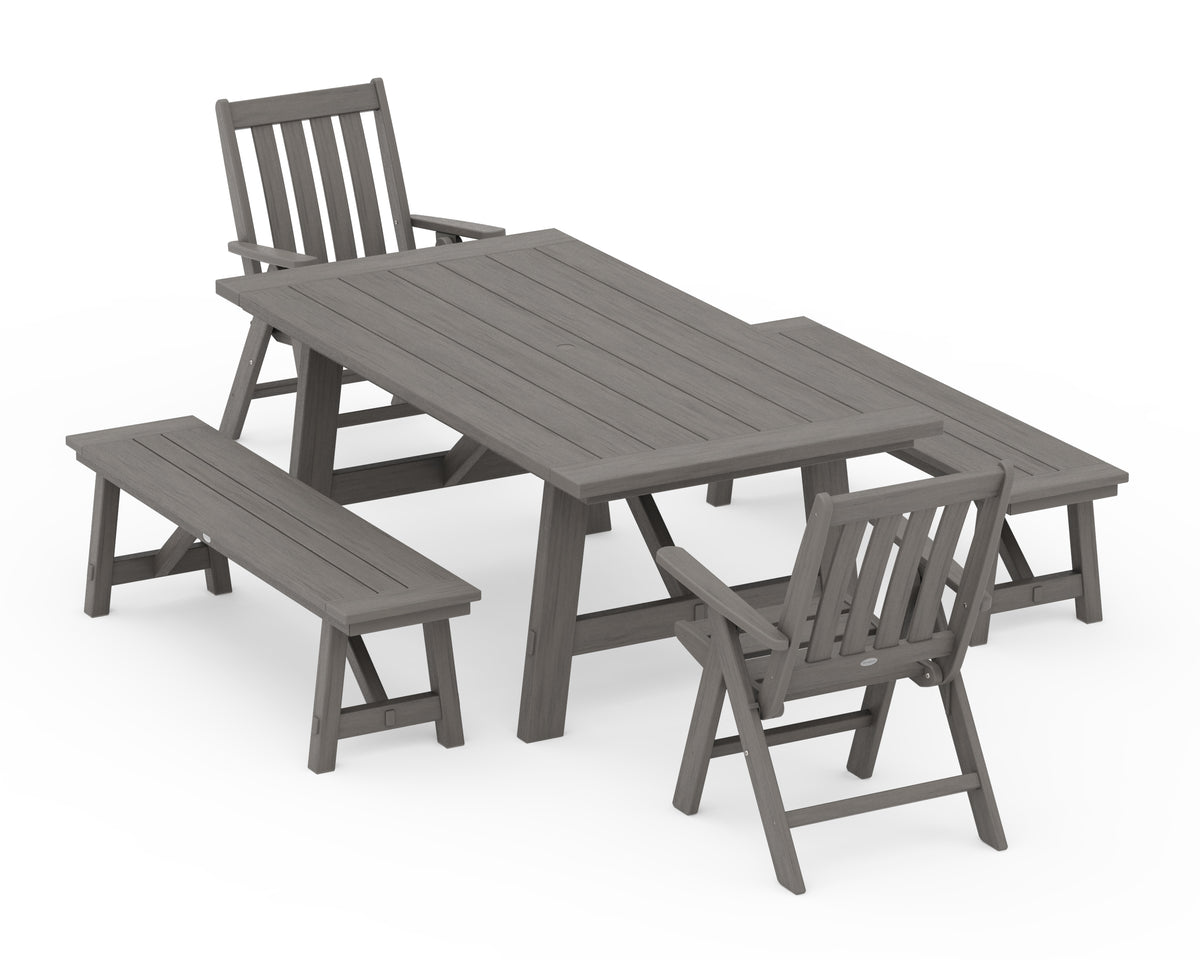 POLYWOOD Vineyard Folding Chair 5-Piece Rustic Farmhouse Dining Set with Benches in Driftwood