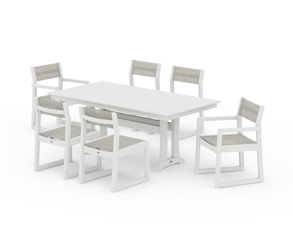 POLYWOOD EDGE Sling 7-Piece Farmhouse Trestle Dining Set in Vintage White / Birch