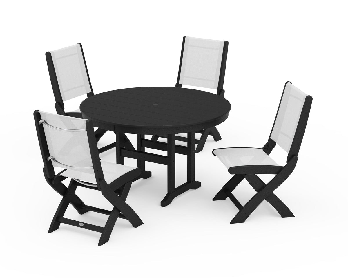 POLYWOOD Coastal Folding Side Chair 5-Piece Round Dining Set in Black / White
