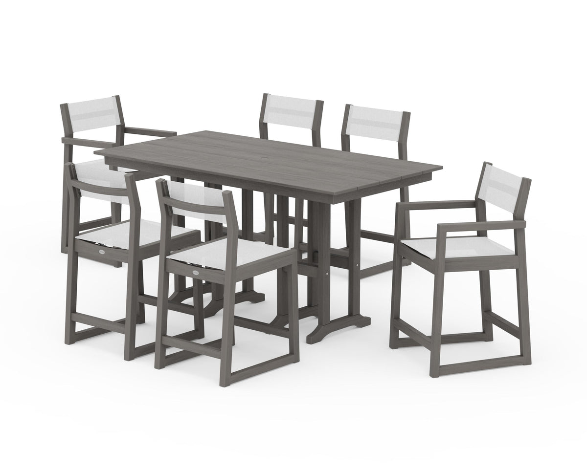 POLYWOOD EDGE Sling 7-Piece Farmhouse Counter Set with Trestle Legs in Driftwood / White