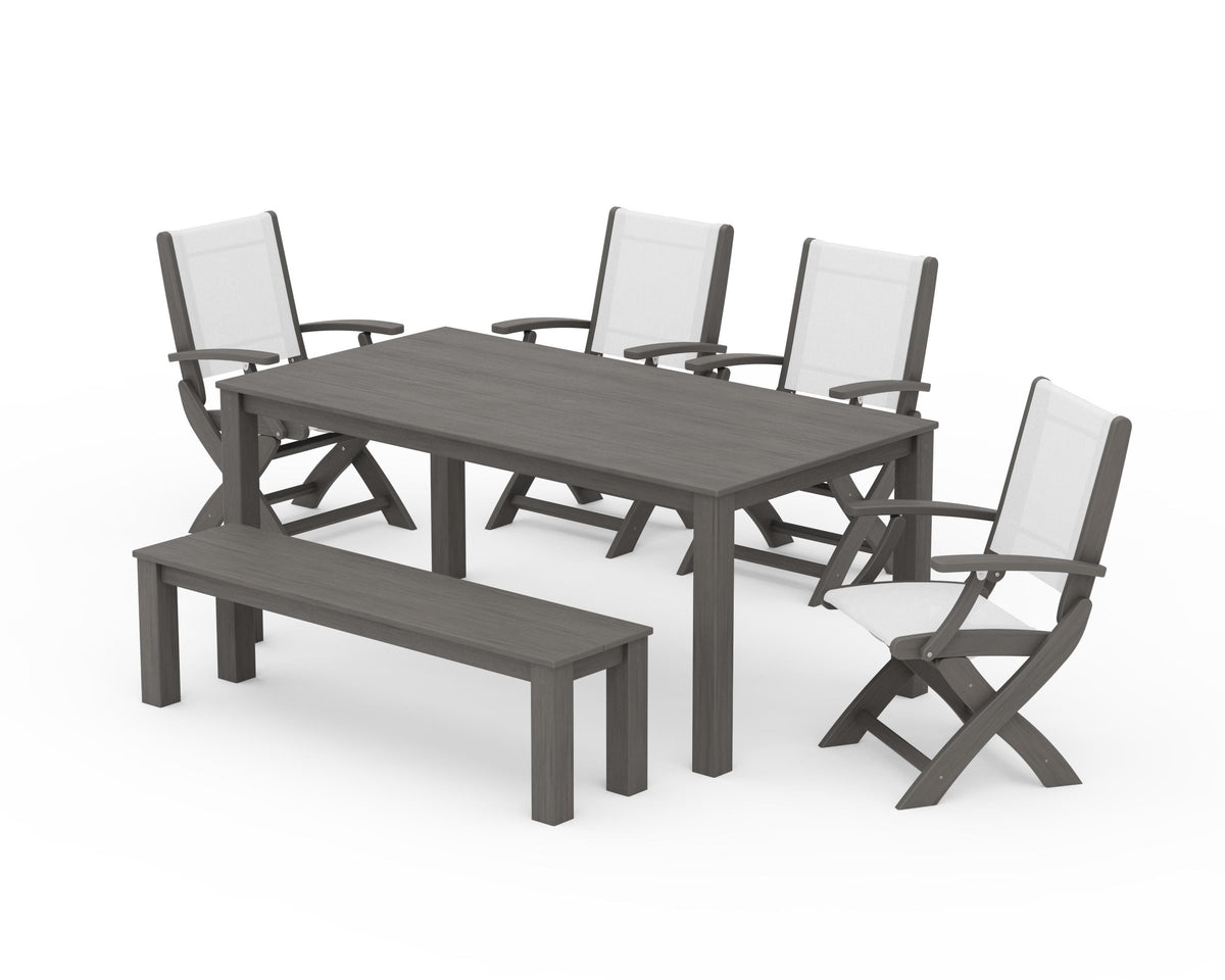 POLYWOOD Coastal Folding Chair 6-Piece Parsons Dining Set with Bench in Driftwood / White