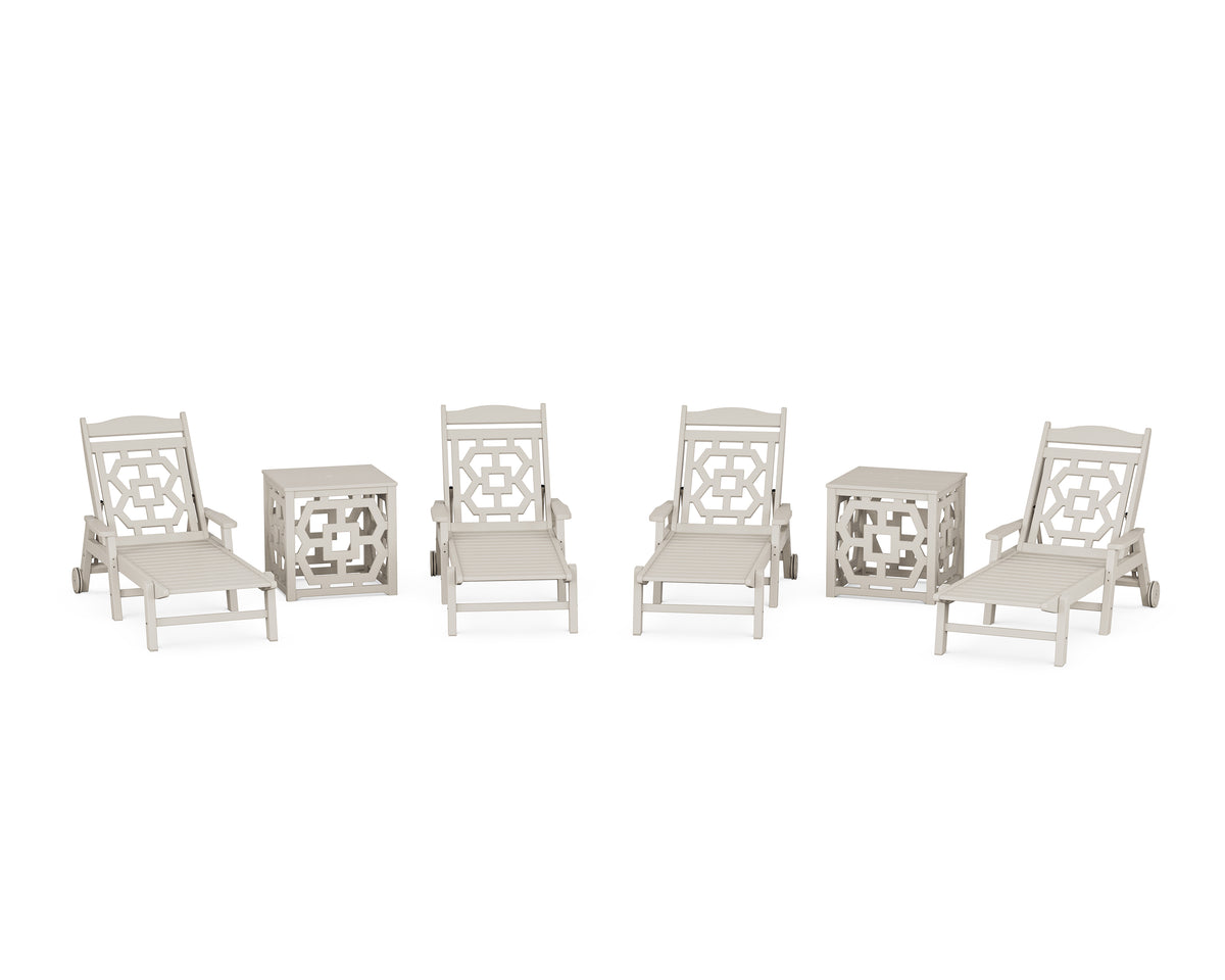 POLYWOOD Chinoiserie 6-Piece Chaise Set with Umbrella Stand Accent Table in Sand