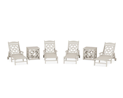 POLYWOOD Chinoiserie 6-Piece Chaise Set with Umbrella Stand Accent Table in Sand