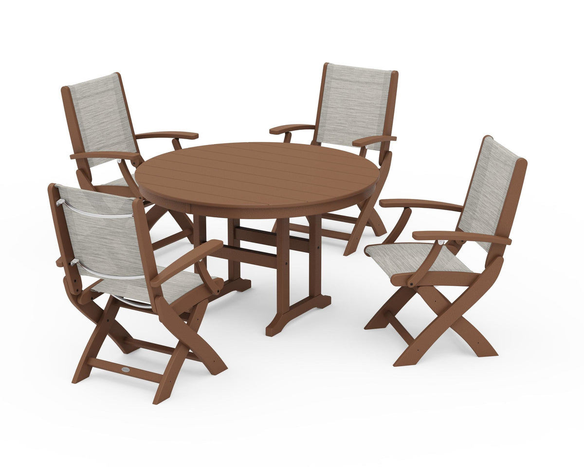 POLYWOOD Coastal Folding Chair 5-Piece Round Dining Set in Teak / Birch