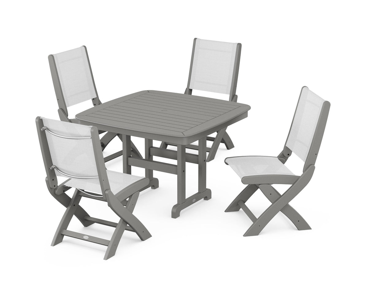 POLYWOOD Coastal Folding Side Chair 5-Piece Dining Set with Nautical 44" Dining Table in Slate Grey / White
