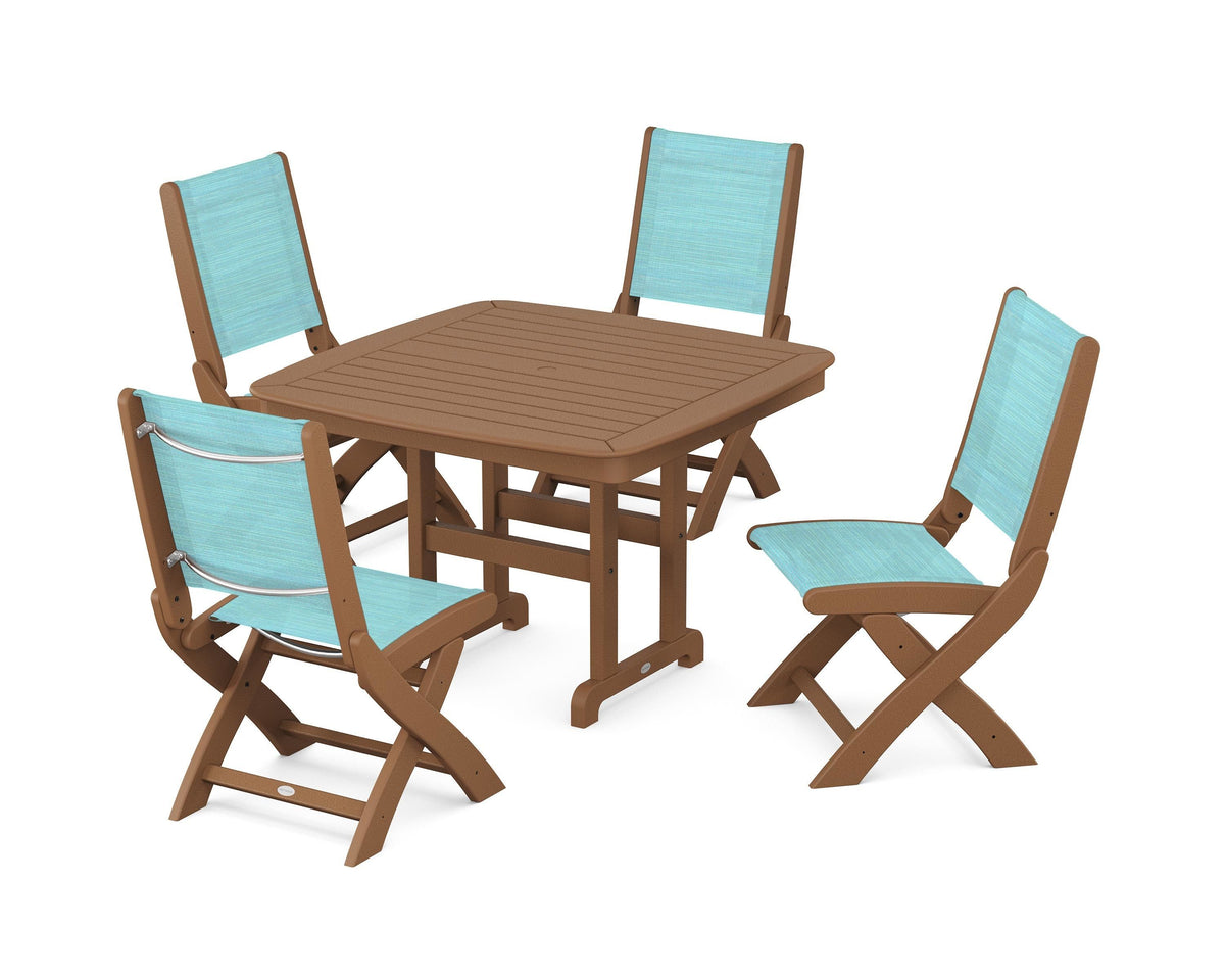 POLYWOOD Coastal Folding Side Chair 5-Piece Dining Set with Nautical 44" Dining Table in Teak / Dupioni Aquamarine
