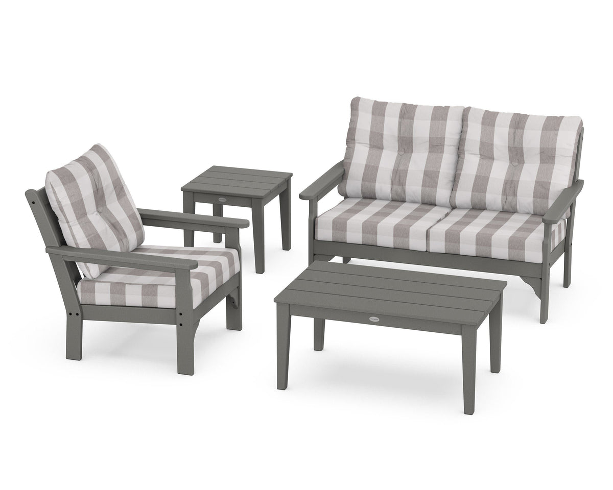 POLYWOOD Vineyard 4-Piece Deep Seating Set with 36" Coffee Table in Slate Grey / Buffalo Plaid Grey Mist