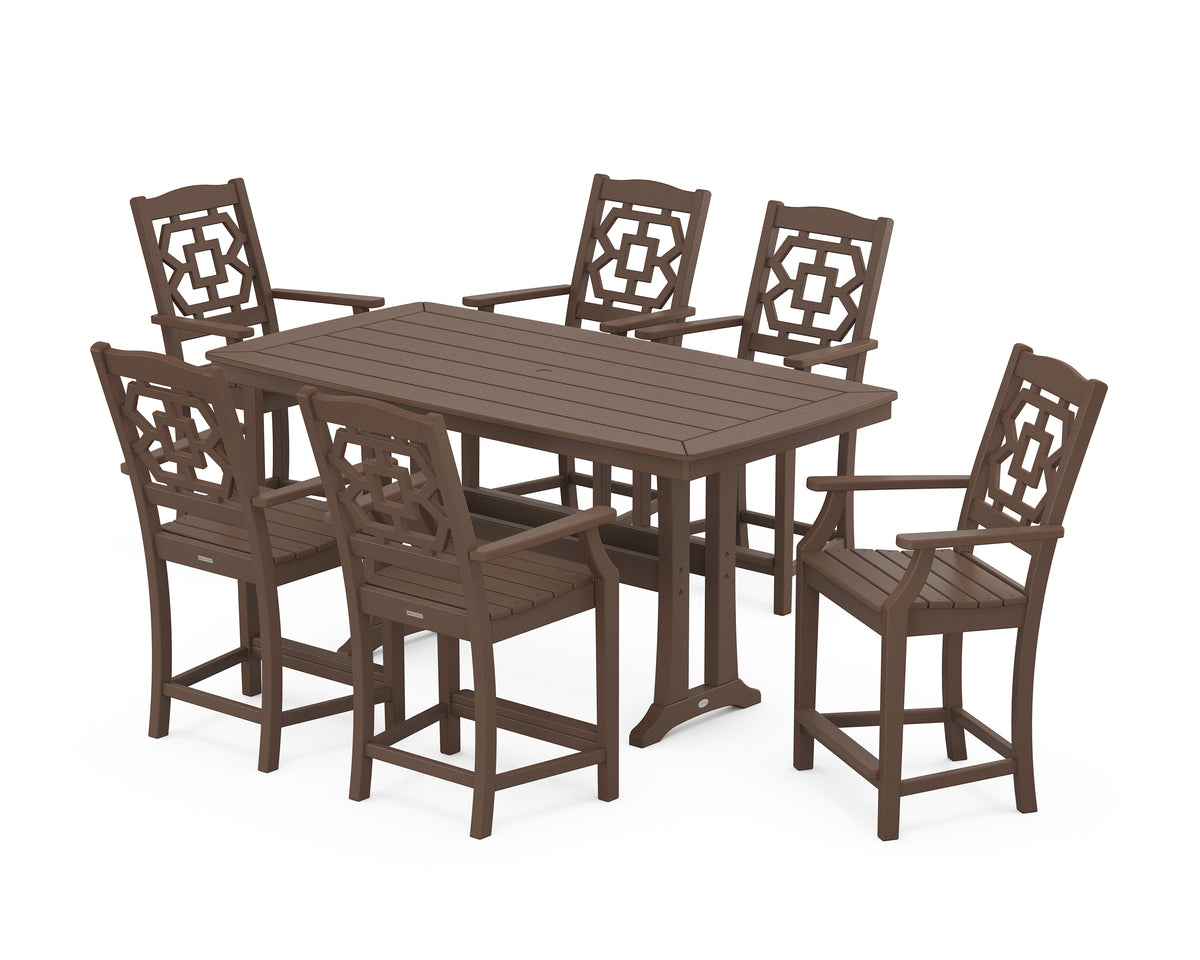 POLYWOOD Chinoiserie Arm Chair 7-Piece Counter Set with Trestle Legs in Mahogany