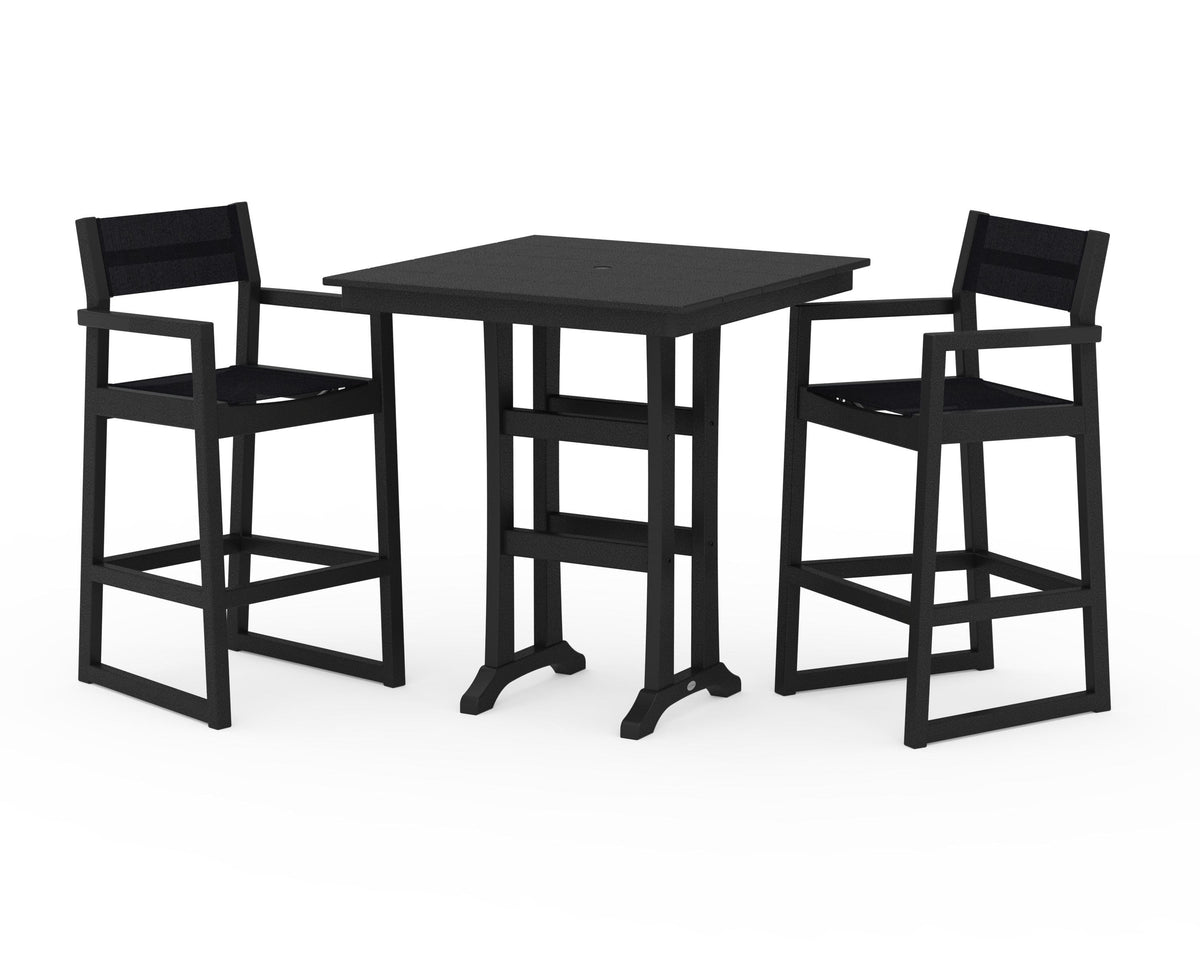 POLYWOOD EDGE Sling Arm Chair 3-Piece Farmhouse Bar Set with Trestle Legs in Black / Black