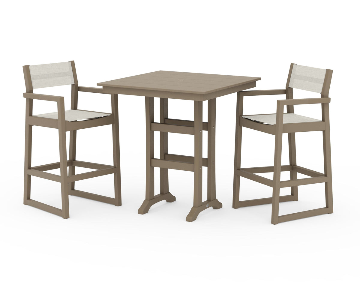 POLYWOOD EDGE Sling Arm Chair 3-Piece Farmhouse Bar Set with Trestle Legs in Vintage Sahara / Parchment