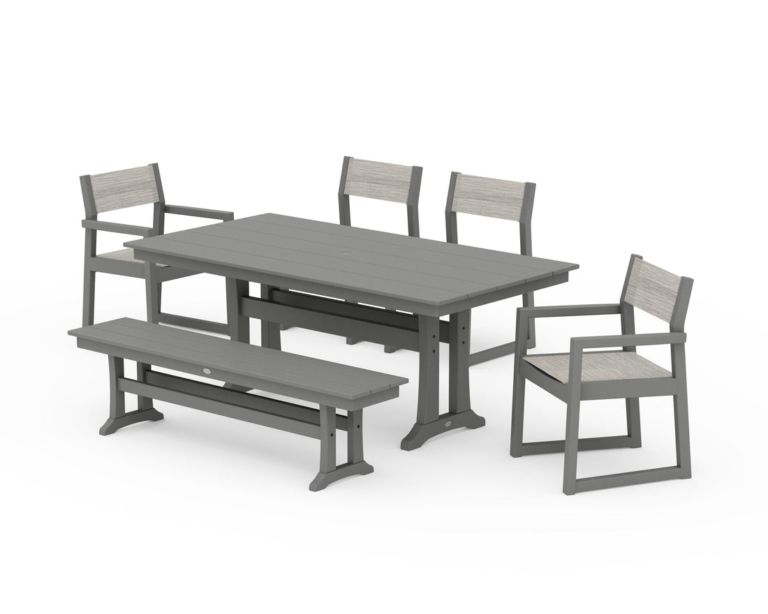 POLYWOOD EDGE Sling 6-Piece Farmhouse Dining Set With Trestle Legs in Slate Grey / Birch