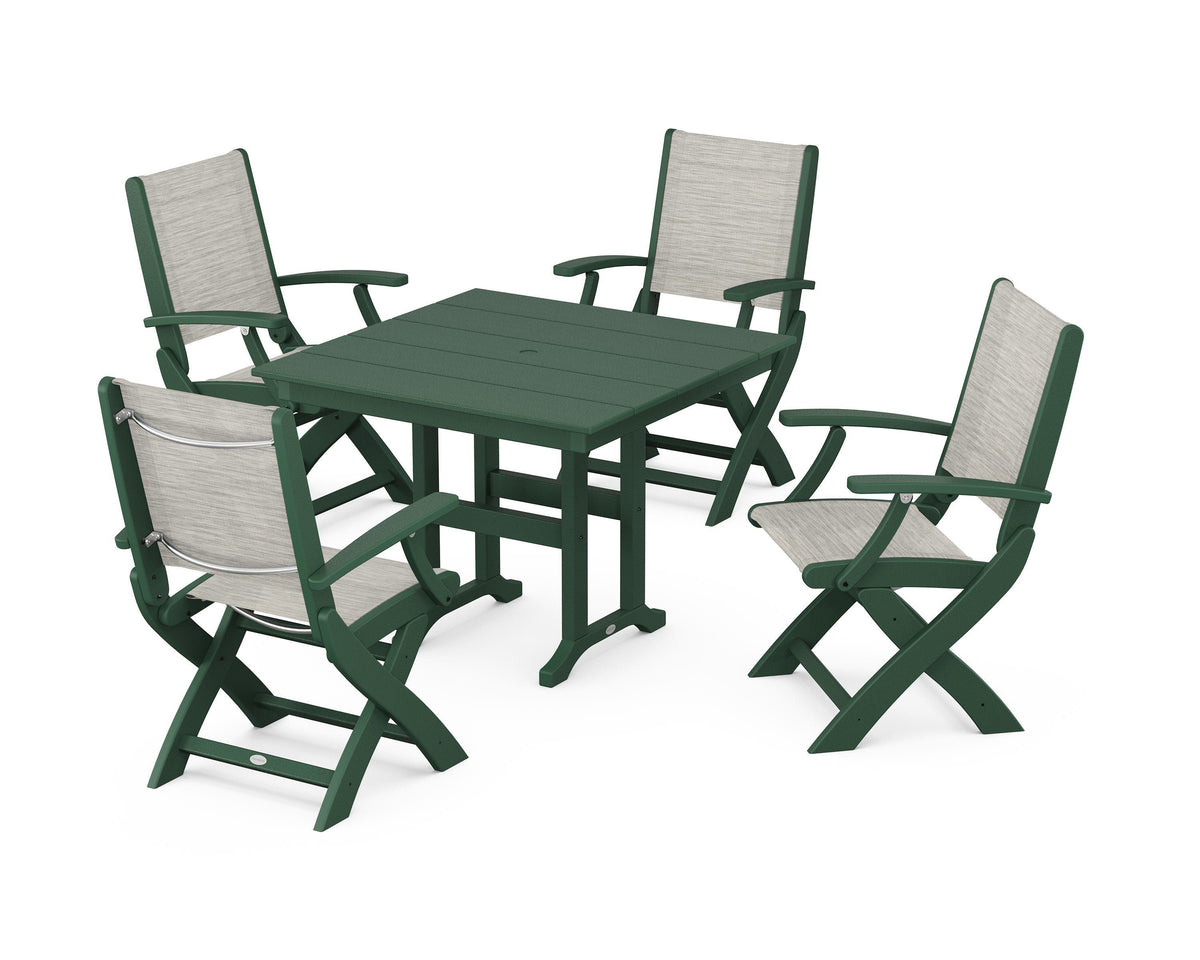 POLYWOOD Coastal Folding Chair 5-Piece Farmhouse Dining Set in Green / Birch