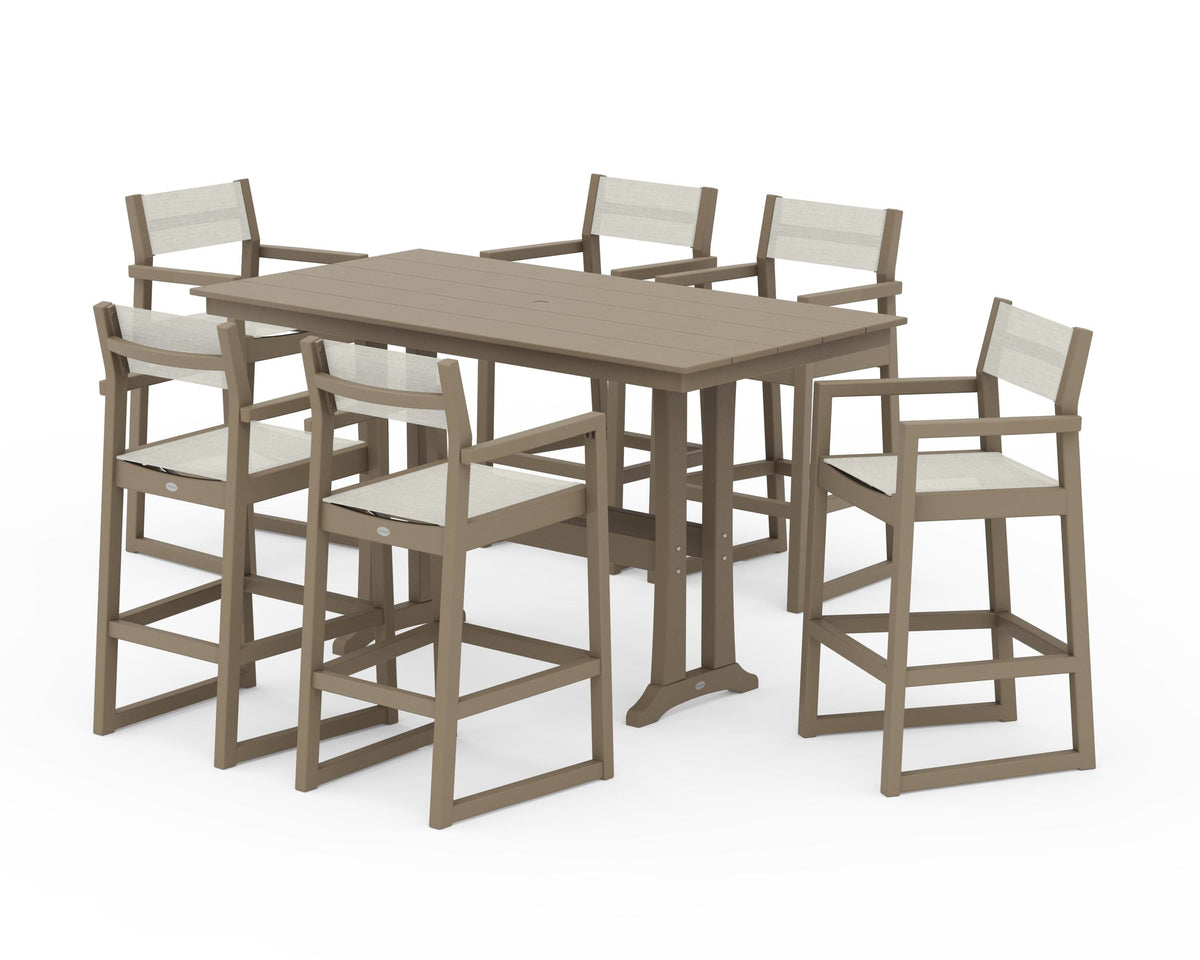 POLYWOOD EDGE Sling Arm Chair 7-Piece Farmhouse Bar Set with Trestle Legs in Vintage Sahara / Parchment