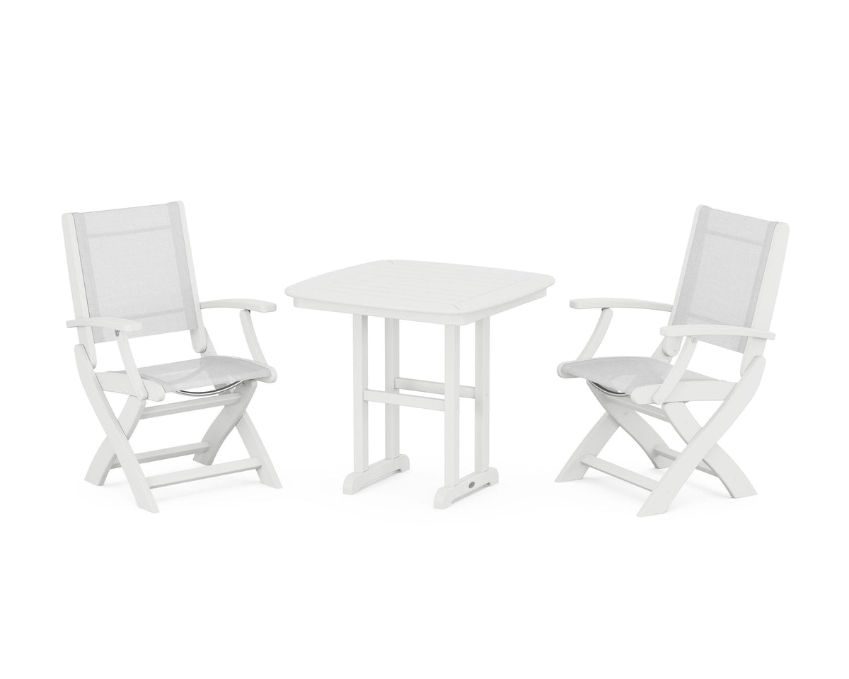 POLYWOOD Coastal Folding Chair 3-Piece Dining Set in White / White