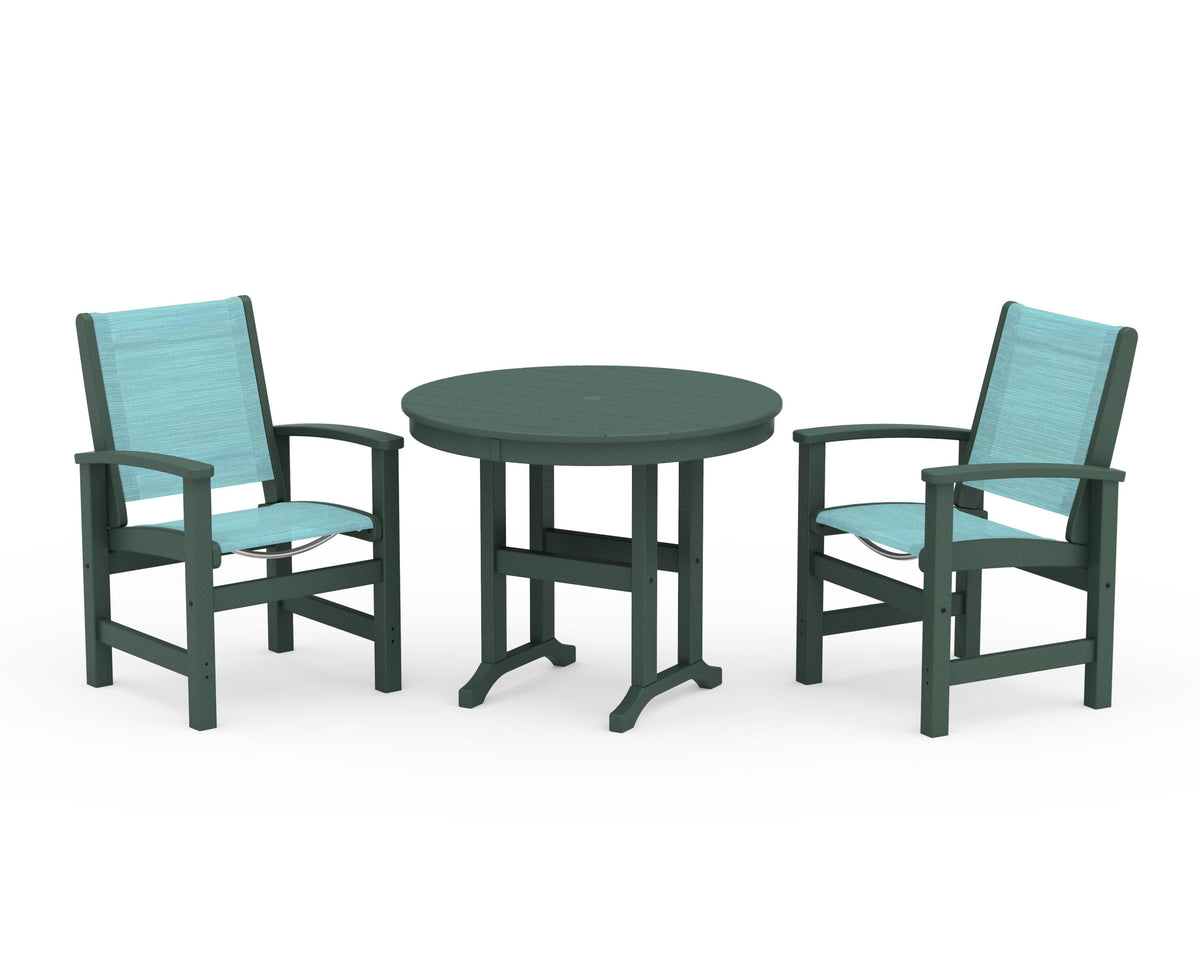 POLYWOOD Coastal 3-Piece Round Dining Set in Green / Dupioni Aquamarine