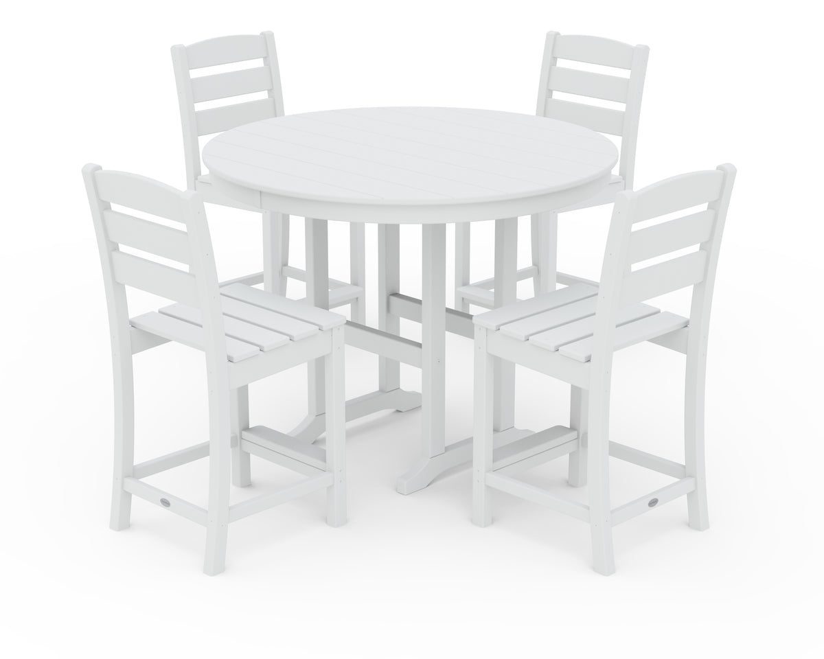 POLYWOOD Lakeside 5-Piece Farmhouse Round Side Chair Counter Set in White
