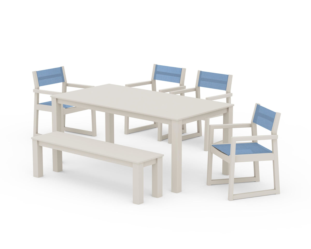 POLYWOOD EDGE Sling Arm Chair 6-Piece Parsons Dining Set with Bench in Sand / Poolside