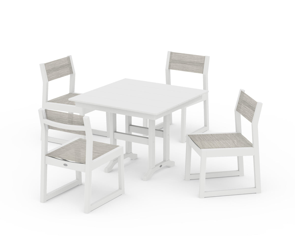 POLYWOOD EDGE Sling Side Chair 5-Piece Farmhouse Dining Set in White / Birch