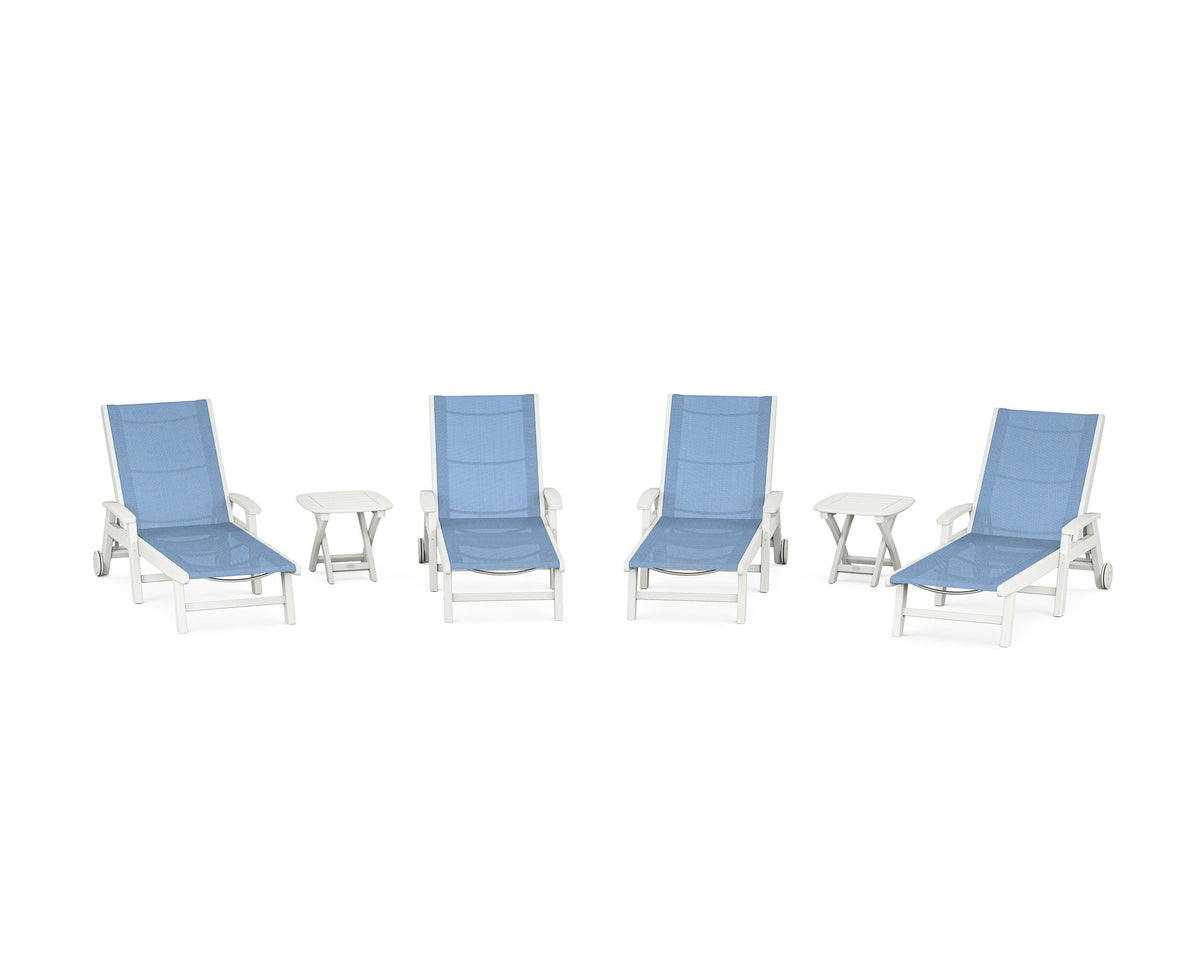 POLYWOOD Coastal Chaise 6-Piece Set with Wheels in Vintage White / Poolside