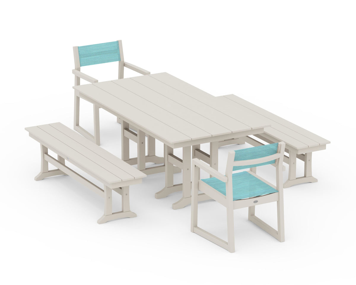 POLYWOOD EDGE Sling Arm Chair 5-Piece Farmhouse Dining Set with Benches in Sand / Dupioni Aquamarine