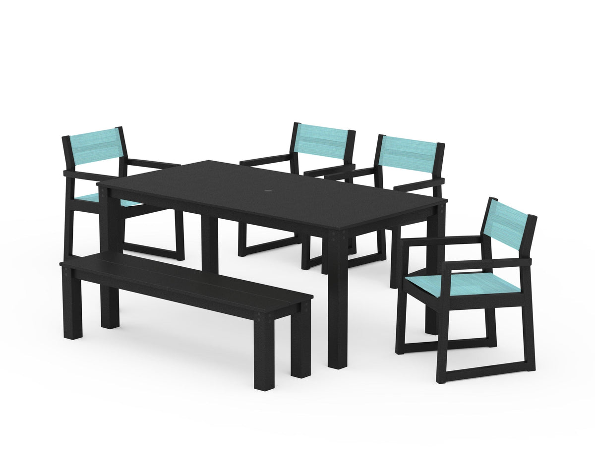 POLYWOOD EDGE Sling Arm Chair 6-Piece Parsons Dining Set with Bench in Black / Dupioni Aquamarine