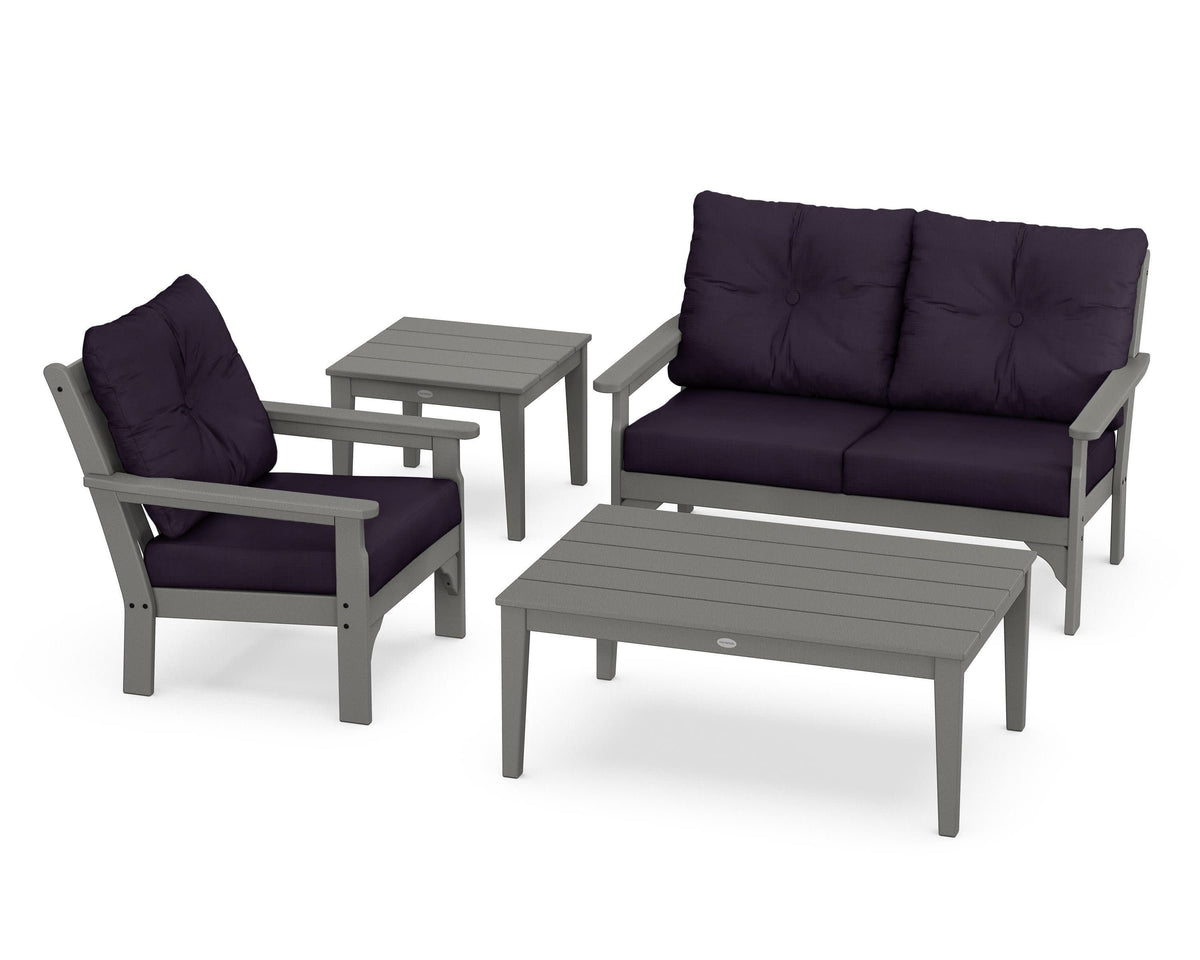 POLYWOOD Vineyard 4-Piece Deep Seating Set in Slate Grey / Navy Linen