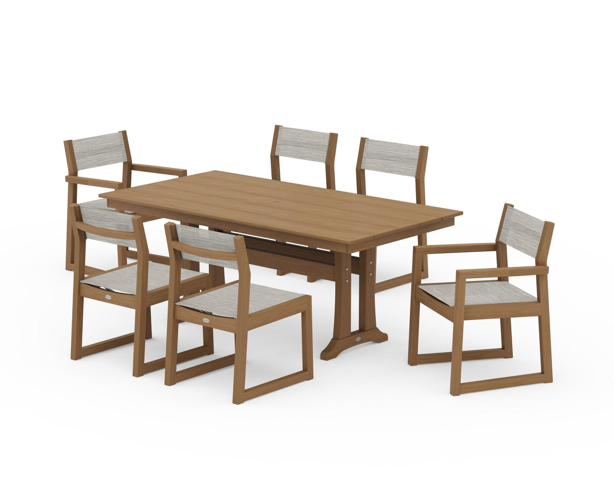 POLYWOOD EDGE Sling 7-Piece Farmhouse Trestle Dining Set in Natural / Birch