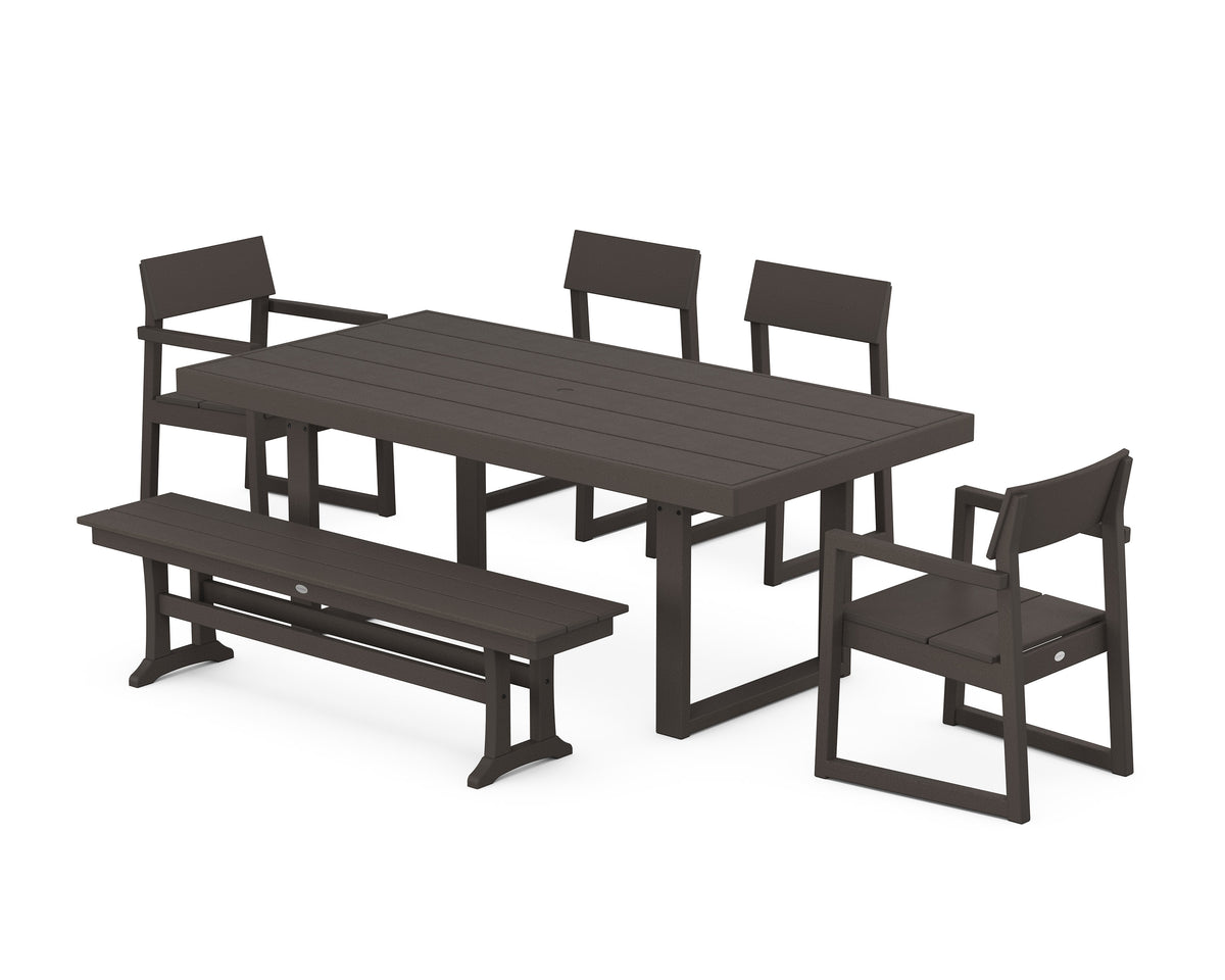 POLYWOOD EDGE 6-Piece Dining Set with Bench (EDGE 40" x 78" Table) in Vintage Coffee