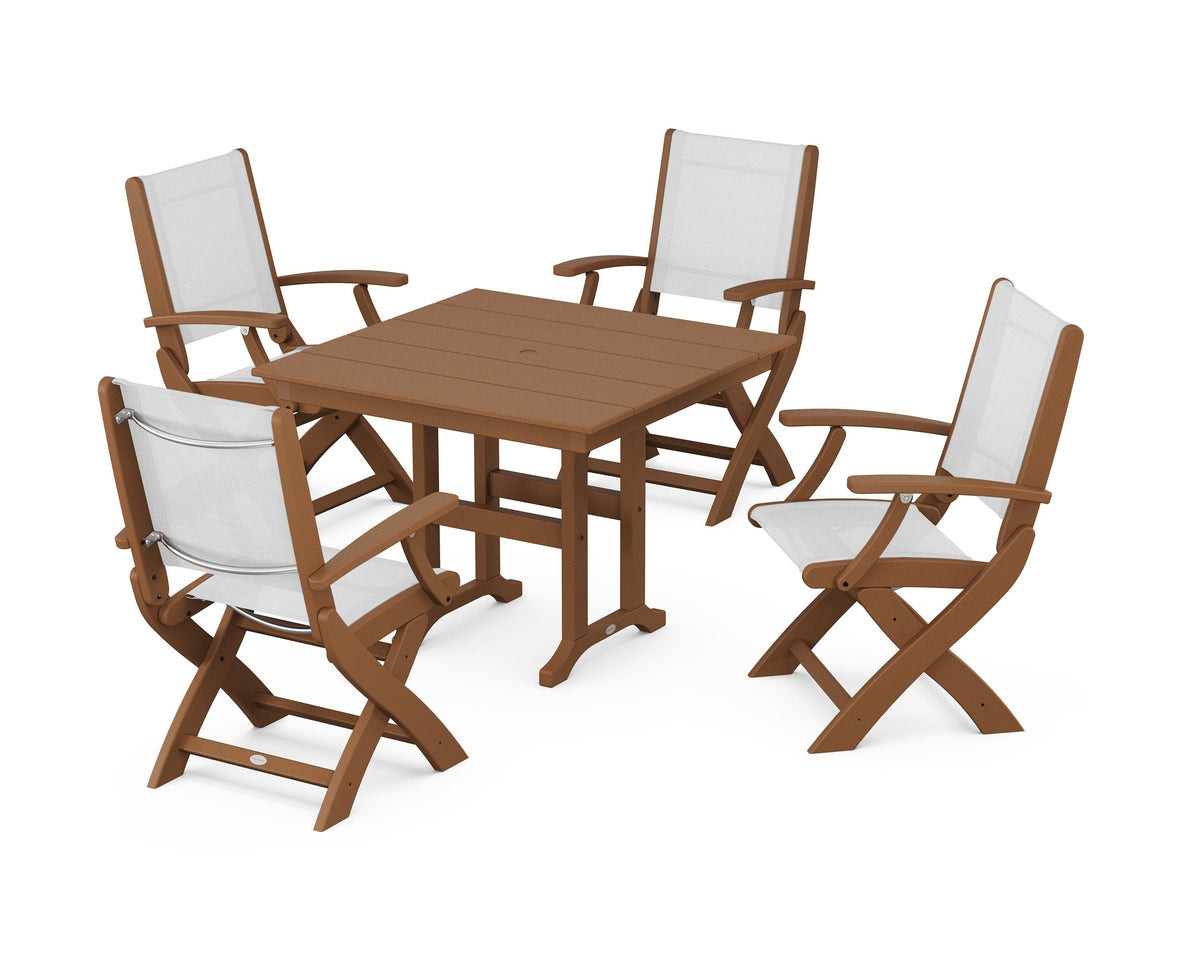 POLYWOOD Coastal Folding Chair 5-Piece Farmhouse Dining Set in Teak / White