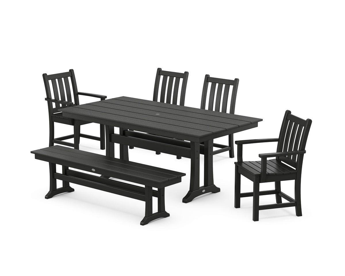 POLYWOOD Traditional Garden 6-Piece Farmhouse Dining Set with Trestle Legs and Bench in Black