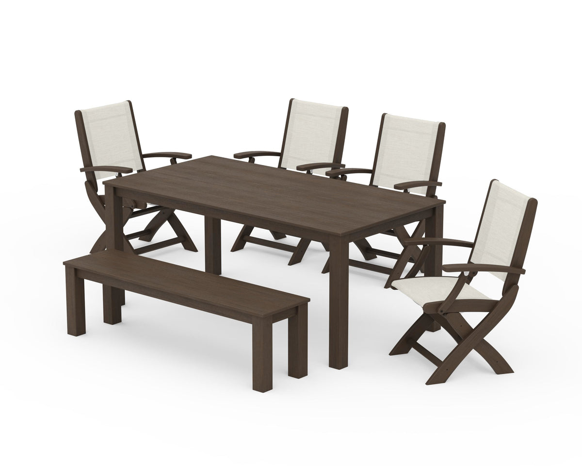 POLYWOOD Coastal Folding Chair 6-Piece Parsons Dining Set with Bench in Kona / Parchment