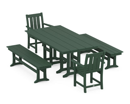 POLYWOOD Oxford 5-Piece Farmhouse Dining Set with Benches in Green