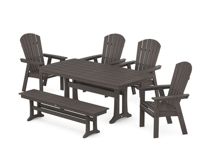 POLYWOOD Nautical Curveback Adirondack 6-Piece Dining Set with Trestle Legs and Bench in Vintage Coffee