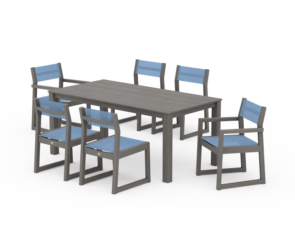 POLYWOOD EDGE Sling 7-Piece Parsons Dining Set in Driftwood / Poolside